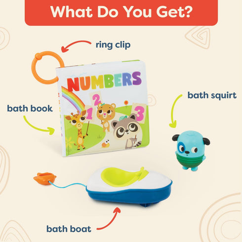B. toys Bath Book & Boat Bath Squirter & Pull-String Boat Colors & Numbers Convenient Travel Clip 10 Months Tub Time Book Pull & Go Rider...