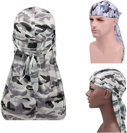 Military Camouflage Premium Silky Durags with Long Tail Colorful 360 Waves Doo rag for Men Du rag Cap (3/4 Packed)...
