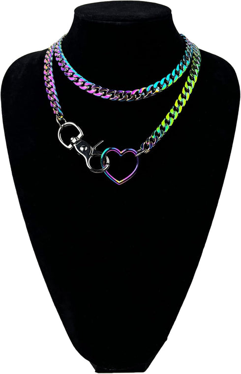 paloli Women's Slip Chain Rainbow Heart O-Ring Chunky Chain Necklace, Rays Cuban Long Layered Jewelry, Adjustable Lariat Y-Necklace Heart Loop Cho...