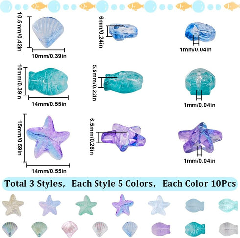 SUNNYCLUE 1 Box 150Pcs Starfish Beads Fish Glass Beads Sea Shell Beads Bulk Blue Pink Green Summer Ocean Animal Charms Beads Double Sided Loose Sp...