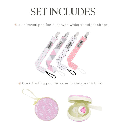 Dodo Babies Pacifier Clip with Case Set - 5-Piece Set, Pink & Gray Prints - Universal Binkie Clip & Holder Fits Most Pacifiers & Teethers - Secure...