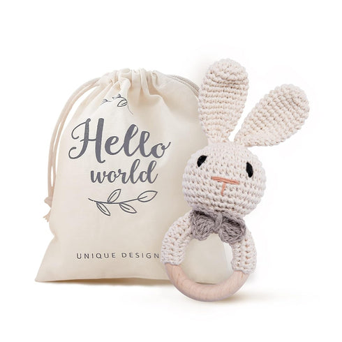 Youuys Wooden Baby Rattle Toys, Easter Bunny Rattle for Baby Crochet Bunny Rattle Toy Natural Wood, Shaker Rattle for Hand Grips, Boy Girl First R...