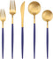 Matte Gold Silverware Set with blue handle, Bysta 5-Piece Stainless Steel Flatware Set, Kitchen Utensil Set Service for 1, Tableware Cutlery Set f...