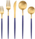 Matte Gold Silverware Set with blue handle, Bysta 5-Piece Stainless Steel Flatware Set, Kitchen Utensil Set Service for 1, Tableware Cutlery Set f...