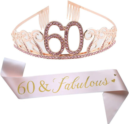 60th Birthday Pink Tiara and Sash, Glitter Satin Sash and Crystal Rhinestone Tiara Crown for Happy 60th Birthday Party Supplies Favors Decorations...