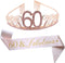 60th Birthday Pink Tiara and Sash, Glitter Satin Sash and Crystal Rhinestone Tiara Crown for Happy 60th Birthday Party Supplies Favors Decorations...