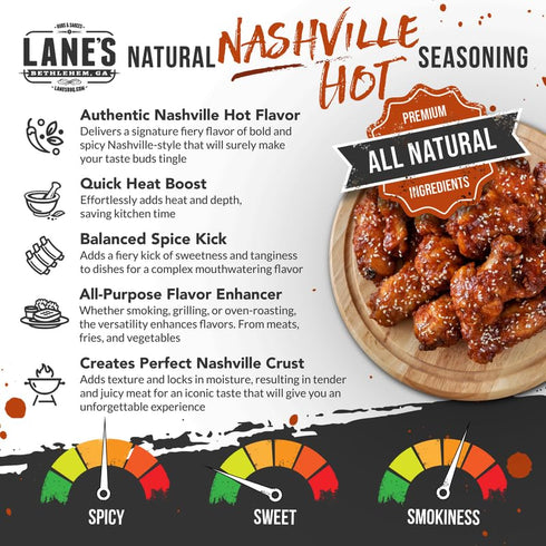 Lane's Nashville Hot Chicken Wing Seasoning, All-Natural Nashville Hot Seasoning, Perfect for Cauliflower, Dips & Fried Chicken Wing Rub, No MSG, ...