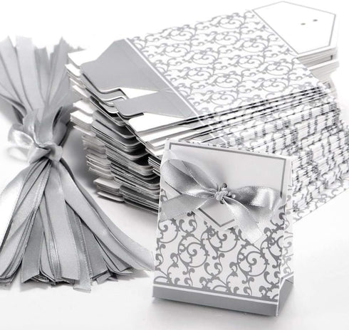 KUPOO 50PCS Candy Boxes,Silver Ribbon Wedding Favor Boxes Candy Bag Cake Box for Wedding Party Decoration Easter (silver)...