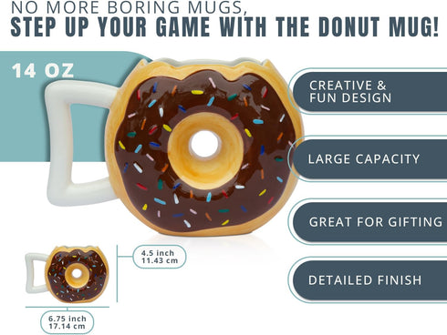 Ceramic Donut Mug - Delicious Chocolate Glaze Doughnut Mug with Sprinkles - Funny "MMM... Donuts!" Quote - Best Cup For Coffee, Tea, and More - La...