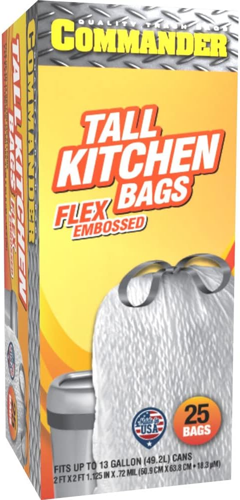Commander 13 Gallon 0.7 MIL Tall Kitchen White Drawstring Trash Bags - 24" x 25" - Pack of 25 - For Home, Kitchen, Office, Bathroom...