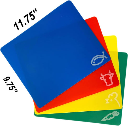 4pc Cutting Boards Flexible Plastic Color Coded Mats Food Icons Meat Vegetable Fish Chicken Chopping Small Busy Kitchen Countertops Catering Thank...
