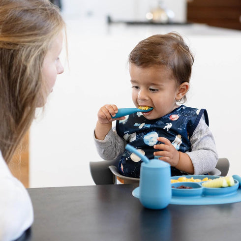 ezpz Mini Utensils - 12 Months+ (Fork & Spoon in Blue) - 100% BPA Free Fork and Spoon - Toddler Utensils - Designed by a Pediatric Feeding Special...