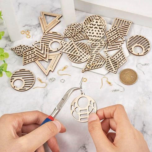 Boho Wooden Earring Making Kit 48pcs Unfinished Natural Wood Filigree Pendants in Round & Rhombus & Tree & Arrow & Kite Shape with Earring Hooks &...