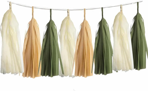Olive-Green Tan Cream Tassel-Garland Decor - 15-Pack DIY Paper Tassels Party-Decorations for Baby Shower Wedding Backdrop - Classroom Nursery Adve...