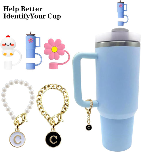 Letter Charm Accessories, Straw Cover Cap, Stanley Cup Accessories, Straw Tips Lids 10mm for Stanley Tumbler (3PCS Cover + 2PCS Letter C Charms)...