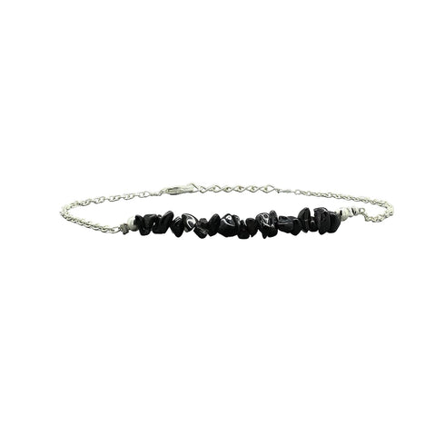 Gempires Natural Black Tourmaline Chips Bar Bracelet, 3-4 mm Chips With 7+1 inch Adjustable Silver Plated Chain (Black Tourmaline)...