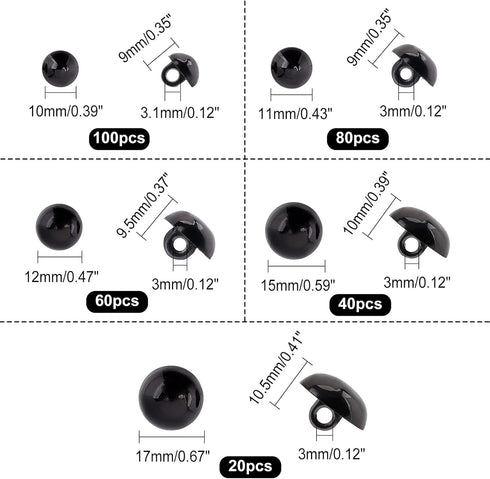 PH PandaHall 300pcs Black Crafts Eyes, 5 Sizes Animal Eyes Round Domed Buttons Black Mushroom Eyes Sewing Shank Button Solid Eyes for Crochet Pupp...