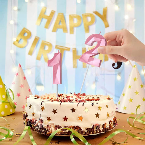 Number Birthday Candles(2 Candle Pink) 3D Diamond Shape 2nd Happy Birthday Cake Topper Decorations for Girl Women Birthday Wedding Anniversary Cel...