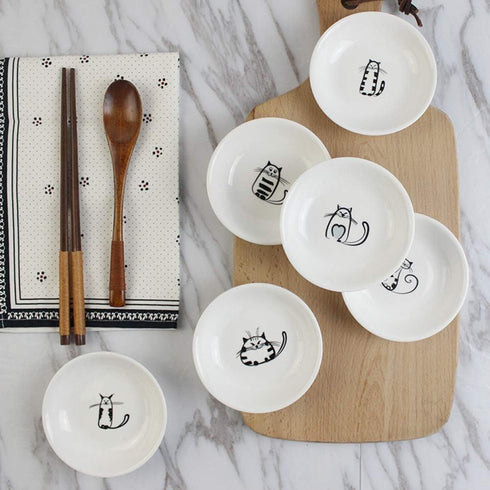 FUYU 6pcs Cute Cat Ceramic Sauce Plate, Snack Plate, Side Dish, 4 inches...