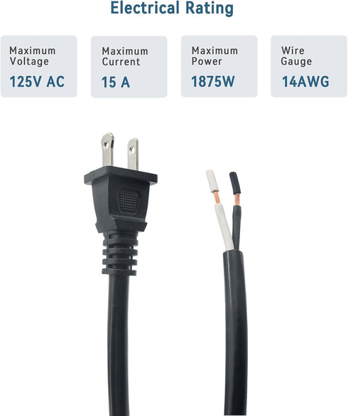 14 Gauge Replacement Power Cord 2 Prong?6.46Ft Cable 110V 115V 120V 300V Pigtail for Appliance, NEMA 1-15P 2 Prong Plug US SJT 14AWG (14/2), pigta...