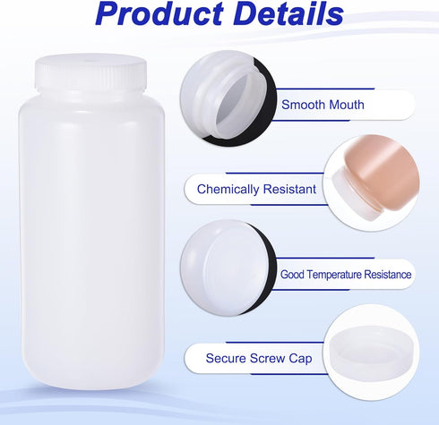 PATIKIL 2 Pcs 1000ml Reagent Bottles, PE Wide Mouth Round Graduated Bottles with Screw Cap for Lab Water Reagent Liquids Solid Sample Storage Seal...