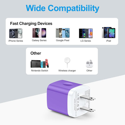 USB-A Wall Plug Charger Purple for Google Pixel 8a 8 7 Pro,Samsung Galaxy A55/A15/A53,S24/S23/S22/S21,2-Pack USB Power Adapter Charging Cube Brick...