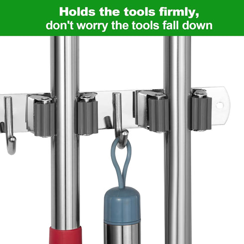 voze 5 Racks and 4 Hooks Mop and Broom Holder Wall Mount, Self Adhesive Heavy Duty Broom Organizer Storage Tool Racks for Kitchen Garden Laundry G...