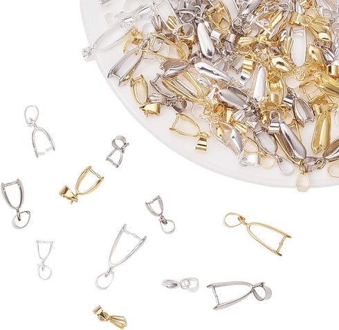 PH PandaHall 120 Pieces Brass Pinch Clip Bail Clasp Dangle Charm Bead Pendant Connector Findings 12 Styles for Jewelry Making 3 Colors...