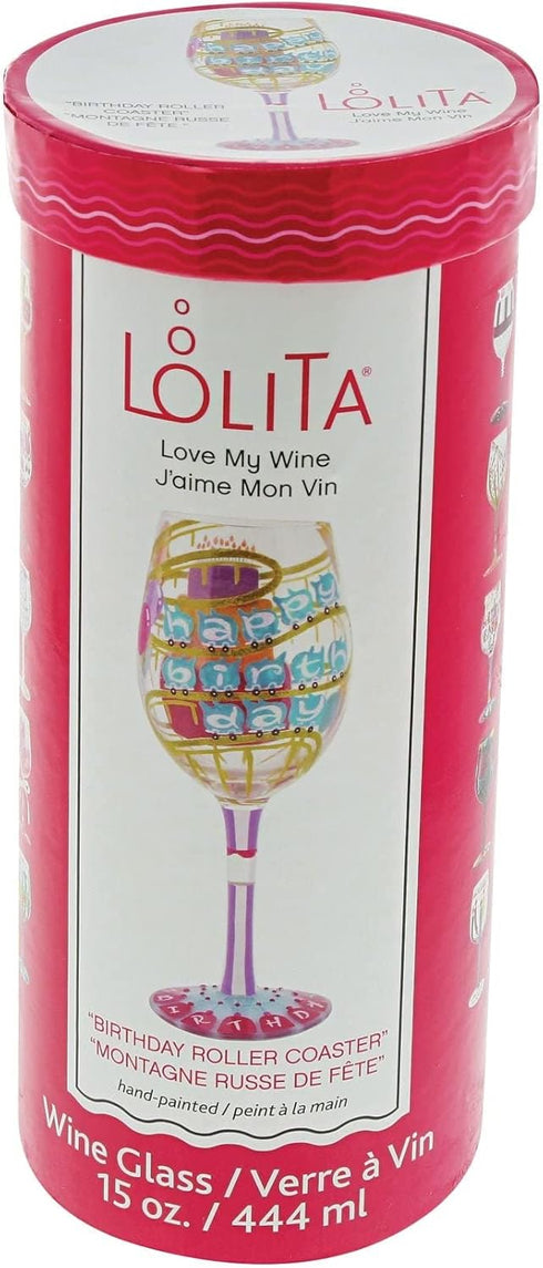 Enesco Designs by Lolita Happy Birthday Roller Coaster Hand-Painted Artisan Wine Glass, 1 Count (Pack of 1), Multicolor...