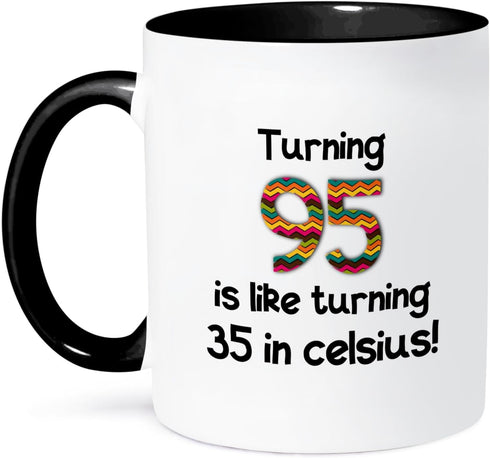 3dRose 95 Is Like Turning 35 In Celsius-Humorous 95th Birthday Gift Two Tone Mug, 11 oz, Black...