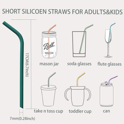 Reusable Thin Short 6.7" Cute Silicone Bendy Straws for Toddlers&Kids&Baby,6 10 12 oz Wine/Yeti Tumbler, Coffee/Cocktail Mug,Soda Cans,Take n toss...
