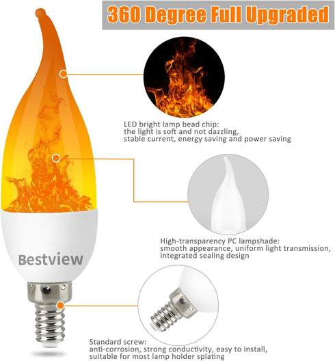 Bestview LED Flame Effect Light Bulbs,3 Modes Flickering Light Bulbs, Smart E12 Chandelier Base Candle Fire Light Bulb for Halloween, Christmas,Pa...