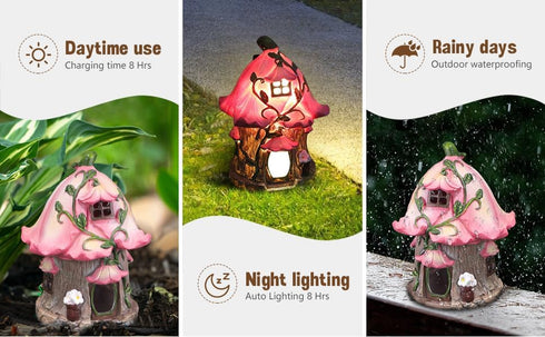 Fairy House Figurine Solar Garden Decor Light,Pink House Courtyard Lawn Decoration Statue for Patio, Balcony, Yard Ornamentunique Garden Decor Gif...