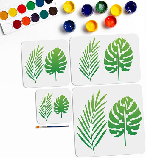 4pcs Tropical Leaf Stencils 6~11.8inch 4 Sizes Monstera Palm Fern Leaf Stencil with Paint Brush Reusable Small Large Tropical Leaf Stencils for Pa...