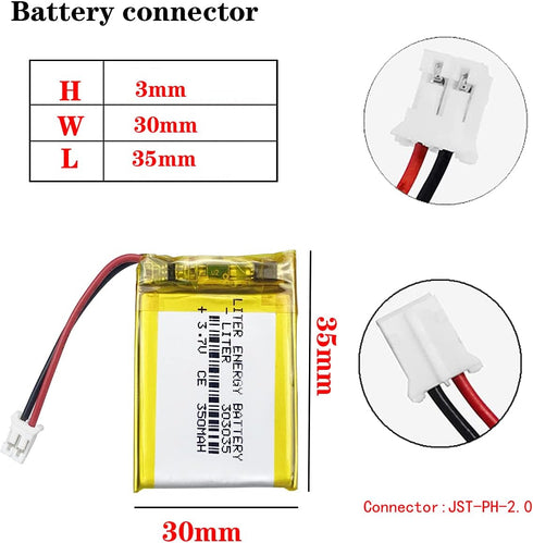 Liter 3.7V 350mAh 303035 Lipo Battery Rechargeable Lithium Polymer ion Battery Pack with JST 2.0mm Connector...