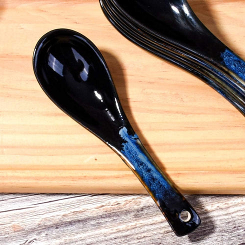 Japanese Ceramic Soup Spoon set of 5 Table spoons for Meals Soups and Ice creams Microwave and Dishwasher Safe Blue and Black...