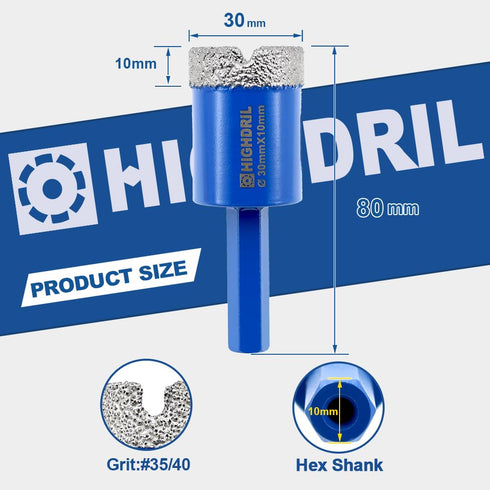 Dry Diamond Tile Drill Bit with Hex Shank,HIGHDRIL Diameter 1-9/50"(30mm) for Porcelain Ceramic Granite Marble Hard Materials Electric Drill Diamo...