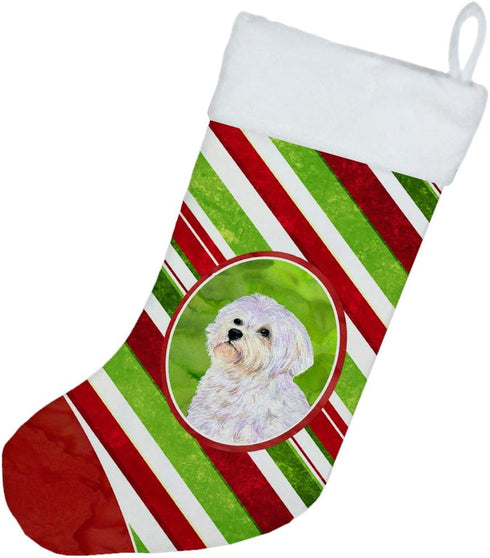 Caroline's Treasures SS4550-CS Maltese Candy Cane Holiday Christmas Christmas Stocking Fireplace Hanging Stockings Christmas Season Party Decor Fa...