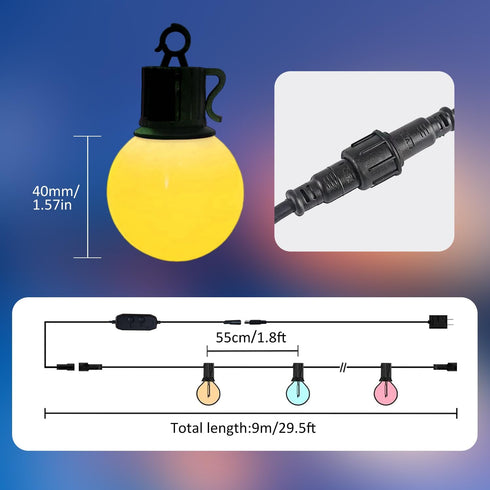 Outdoor String Lights, Outdoor Smart Patio Light, 30FT Color Changing String Lights with 15 Shatterproof LED Bulbs without a Controller, Extendabl...