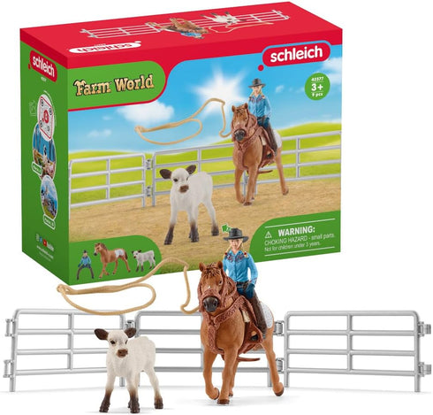 Schleich Farm World Rodeo Roping Playset - Cowgirl Rodeo Rider Figurine with Cow, Pen, and Rope, Realistic Western Rodeo Farm Toys and Accessories...
