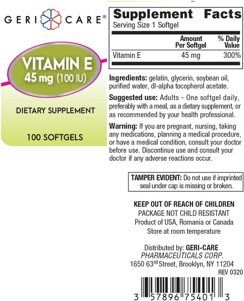 GeriCare Vitamin E Supplement 45 mg (100 IU) Softgels, Supports Skin, Brain & Immune Health, 100 Count (Pack of 1)...
