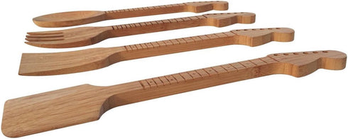 Bamboo Guitar Neck Shaped Kitchen Cooking Utensil Set - Guitar Shaped Musician Gifts - Set of 4: Spoon, Spatulas and Salad Fork...