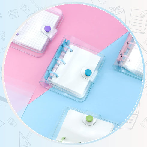 4 Pack Mini Transparent 3 Ring Binder Covers with Mini Binder Inner Paper and Pockets Clear Soft PVC Notebook Closure Loose Leaf Folder Round Ring...