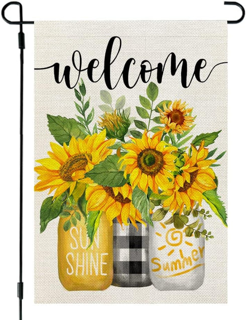 CROWNED BEAUTY Summer Garden Flag Mason Jar Sunflower 12x18 Inch Double Sided for Outside Welcome Burlap Small Seasonal Floral Yard Decoration CF8...