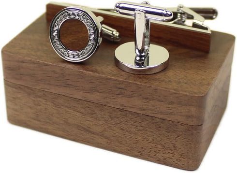 Rustic Black Walnut Wooden Round Cufflinks Tie Clips With Organizer Box for Men...