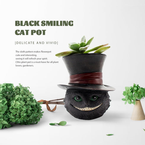Black Cat Head with Hat Flowerpot Small Cute Animal Air Plants Pot Resin Succulent Pots Ornaments with Drainage Hole Lovely Desktop Greenery Decor...