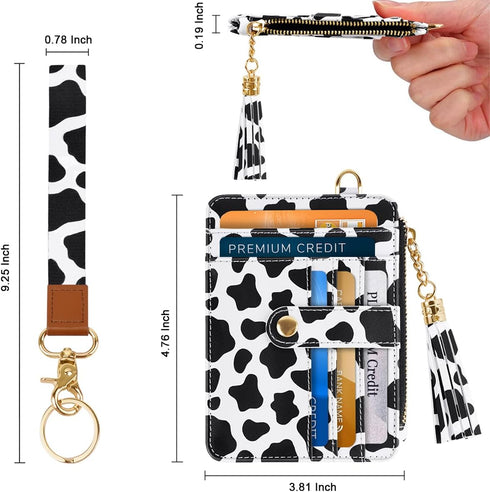 Slim Zipper Credit Card Holder with Keychain Wristlet Small RFID Leather Wallet with ID Window for Women,Cow...