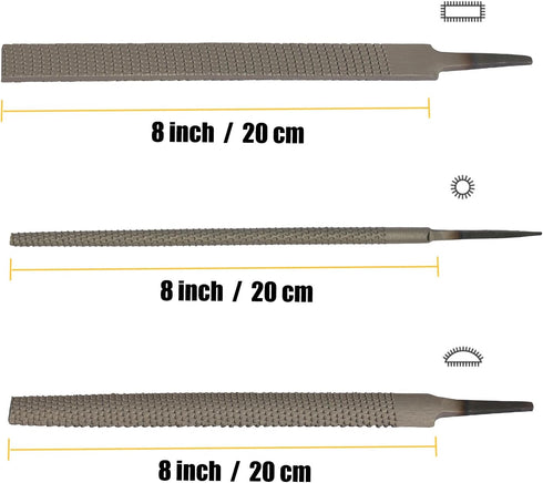 3-Piece 8" Wood Rasp File Set, Includes Flat/Half-Round/Round. For Woodworking & Sharping Wood...