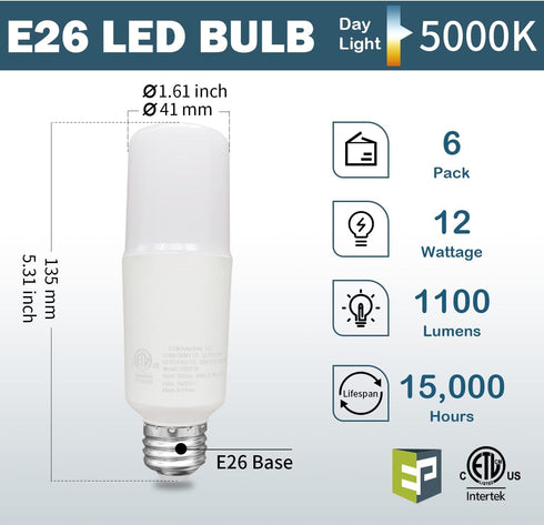 EP 75W Equivalent LED Bulb - 12W 1100 Lumens 5000K Daylight White Non-Dimmable E26 Medium Base - Bright Bulbs for Home, Bedroom, Office Lamp, 6 Pa...
