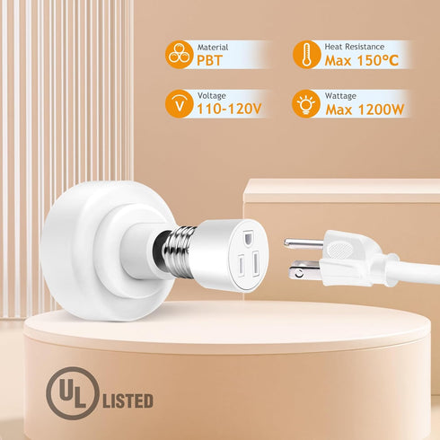 2 Pack Light Socket Outlet Adapter - E26 Light Socket to 3 Prong Plug Adapter 150? Heat-Resistant E26 Light Socket Outlet Light Bulb Adapter Socke...